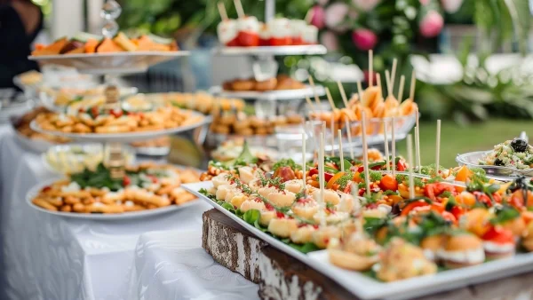 Hanke Catering Buffet mit Fingerfood, Canapés, frischem Gemüse und dekorativ angerichteten Häppchen für Veranstaltungen.