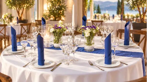 Mit KI bearbeitet durch KUNDENWACHSTUM.de - Festlich dekorierte Tafel mit Blumen, Kerzen und blauen Servietten – Tischdekoration inklusive beim Full Service Catering.