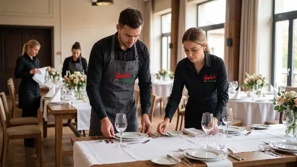 Zwei Servicekräfte von Hanke’s Catering decken einen Tisch mit weißer Tischwäsche ein – Full Service Catering von der Vorbereitung bis zum Abbau.