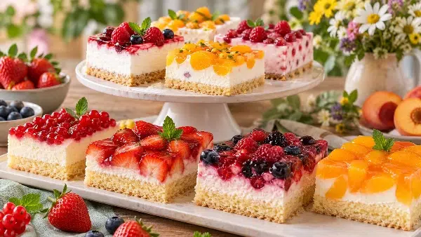 KI-generiert mit ChatGPT durch KUNDENWACHSTUM.de - Kuchenbuffet mit Obsttorten und Erdbeerkuchen auf Etageren – Kuchen und Desserts aus dem Full Service Catering.