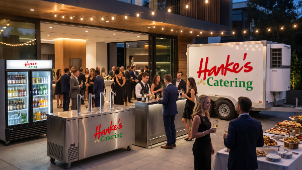 KI-generiert mit ChatGPT durch KUNDENWACHSTUM.de - Elegantes Firmenevent mit Getränketheke, Kühltechnik, Buffet und Cateringfahrzeug präsentiert professionelles Full Service Catering für zahlreiche Gäste.