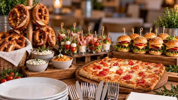 KI-generiert mit ChatGPT durch KUNDENWACHSTUM.de - Mini-Burger und herzhafte Snacks auf dem Buffet – Mitternachtssnack als Teil vom Full Service Catering.